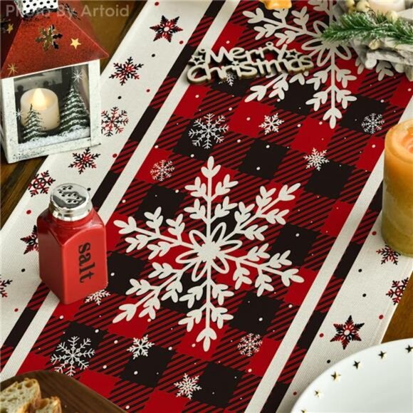 Buffalo Plaid Snowflake Christmas Table Runner - 13x72 Inch Winter Table Decor‎ - Picture 3 of 7
